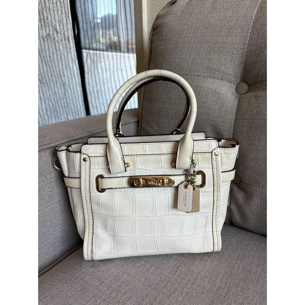 COACH SWAGGER 21 EMBOSSED CROC LEATHER SATCHEL Purse BAG Cream *No Strap